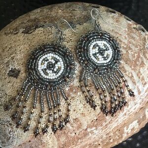 Hand Crafted Native American Inspired Beaded Rosette Chandelier Fringe Earrings